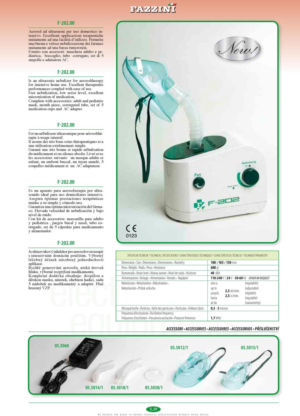 Fornito con accessori: maschera adulto e pediatrica, boccaglio, tubo corrugato, set di 5 ampolle e adattatore AC. F-202.00 Is an ultrasonic nebulizer for aerosoltherapy for intensive home use.