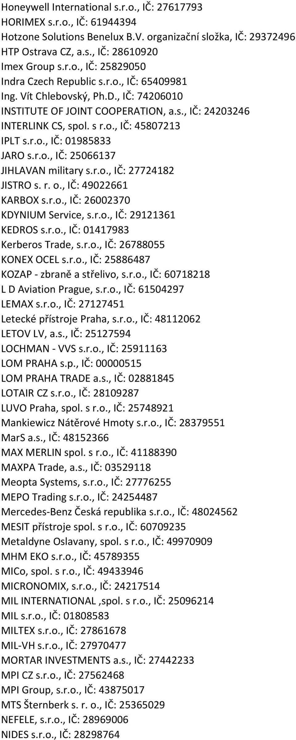 r.o., IČ: 27724182 JISTRO s. r. o., IČ: 49022661 KARBOX s.r.o., IČ: 26002370 KDYNIUM Service, s.r.o., IČ: 29121361 KEDROS s.r.o., IČ: 01417983 Kerberos Trade, s.r.o., IČ: 26788055 KONEX OCEL s.r.o., IČ: 25886487 KOZAP - zbraně a střelivo, s.