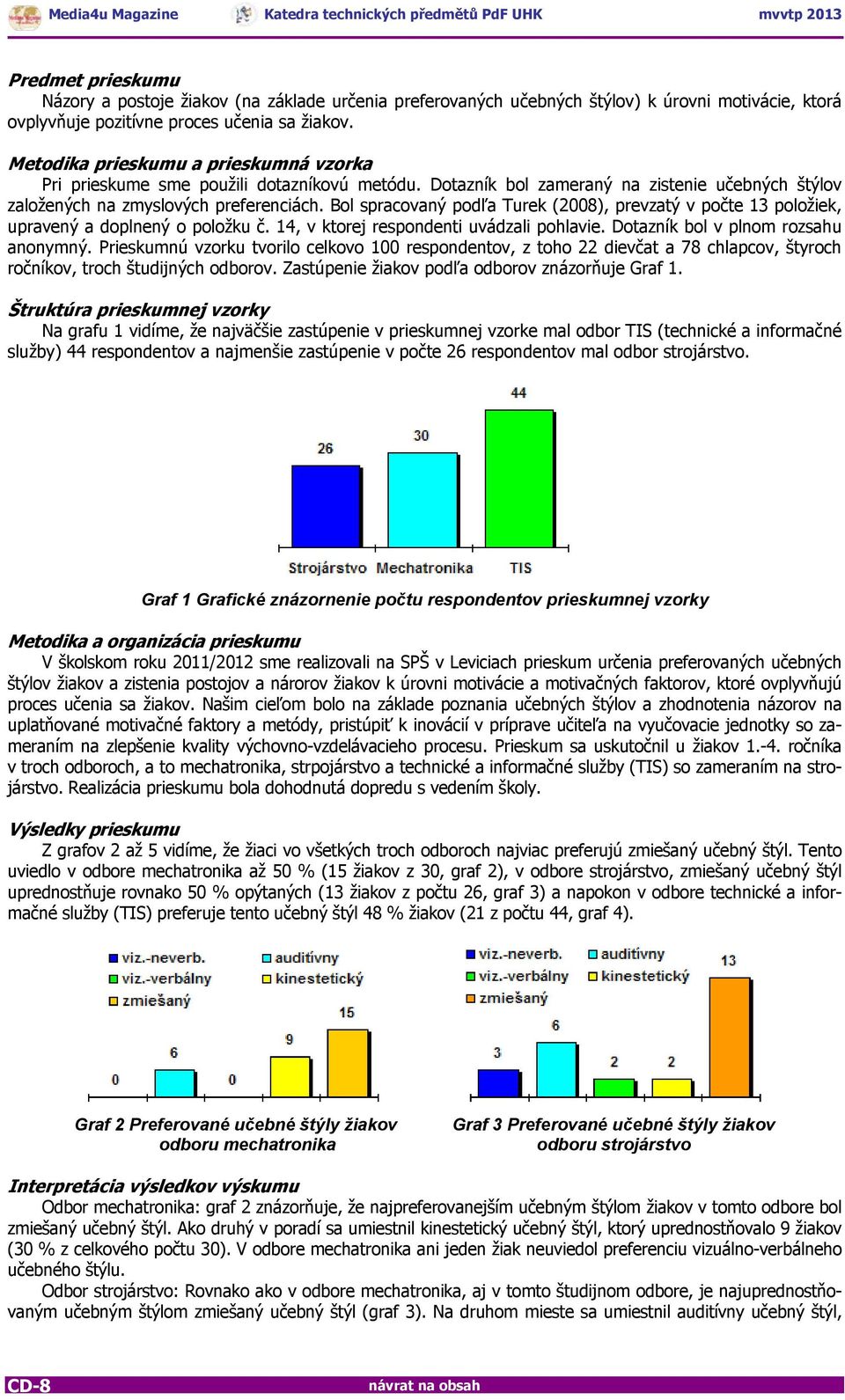 Bol spracovaný podľa Turek (2008), prevzatý v počte 13 položiek, upravený a doplnený o položku č. 14, v ktorej respondenti uvádzali pohlavie. Dotazník bol v plnom rozsahu anonymný.