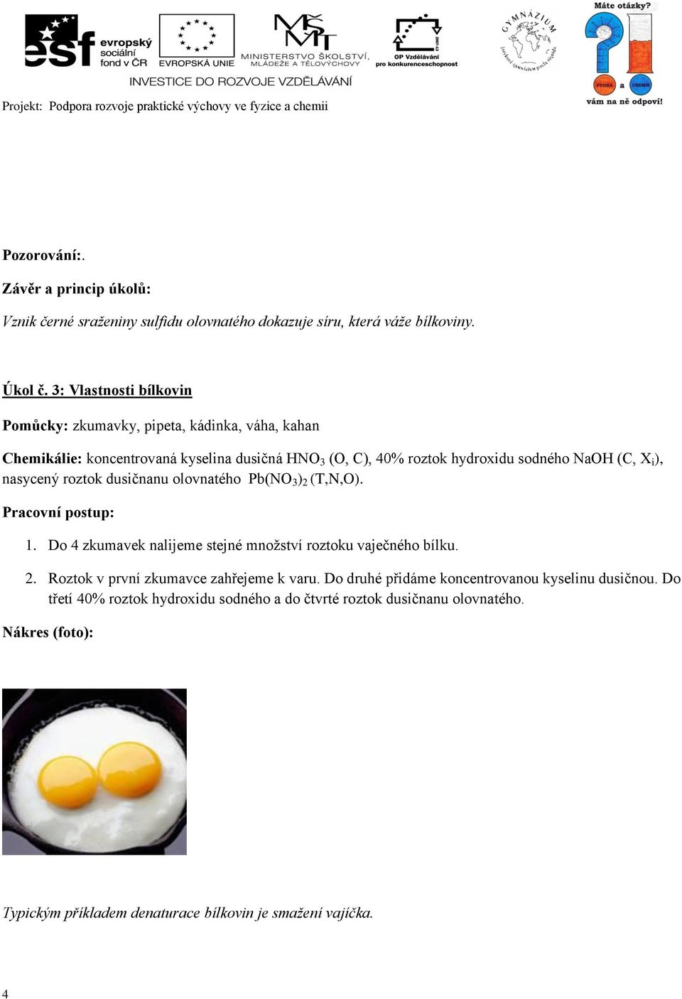 (C, X i ), nasycený roztok dusičnanu olovnatého Pb(NO 3 ) 2 (T,N,O). 1. Do 4 zkumavek nalijeme stejné množství roztoku vaječného bílku. 2. Roztok v první zkumavce zahřejeme k varu.