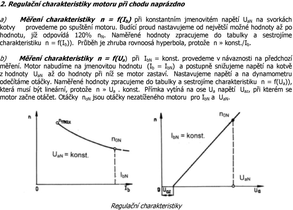 Průběh je zhruba rovnoosá hyperbola, protože n» konst./i b. b) Měření charakteristiky n = f(u a ) při I bn = konst. provedeme v návaznosti na předchozí měření.