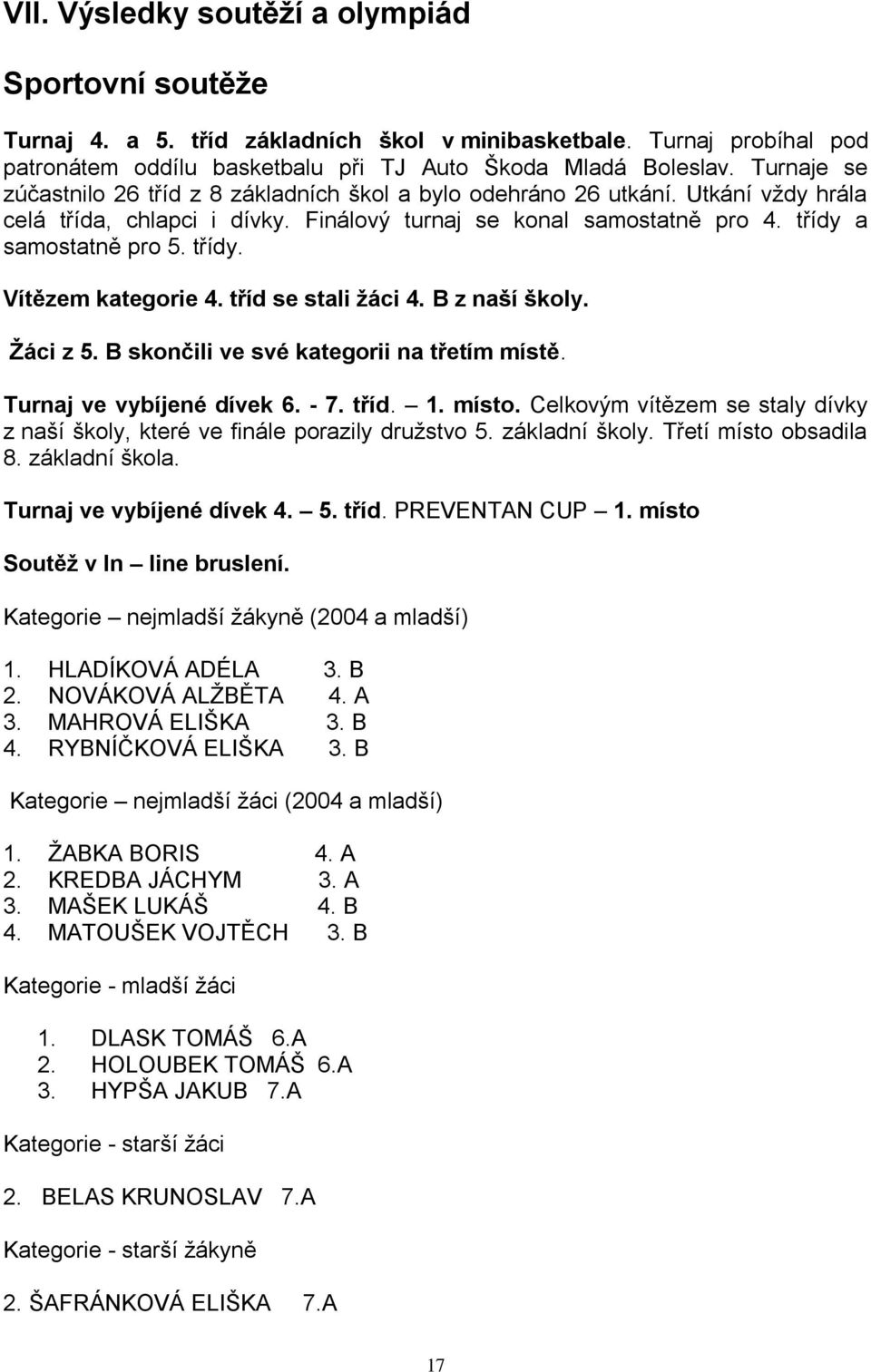 tříd se stali žáci 4. B z naší školy. Žáci z 5. B skončili ve své kategorii na třetím místě. Turnaj ve vybíjené dívek 6. - 7. tříd. 1. místo.