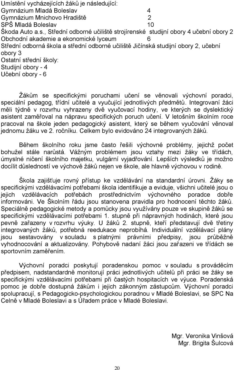 obory - 6 Žákům se specifickými poruchami učení se věnovali výchovní poradci, speciální pedagog, třídní učitelé a vyučující jednotlivých předmětů.