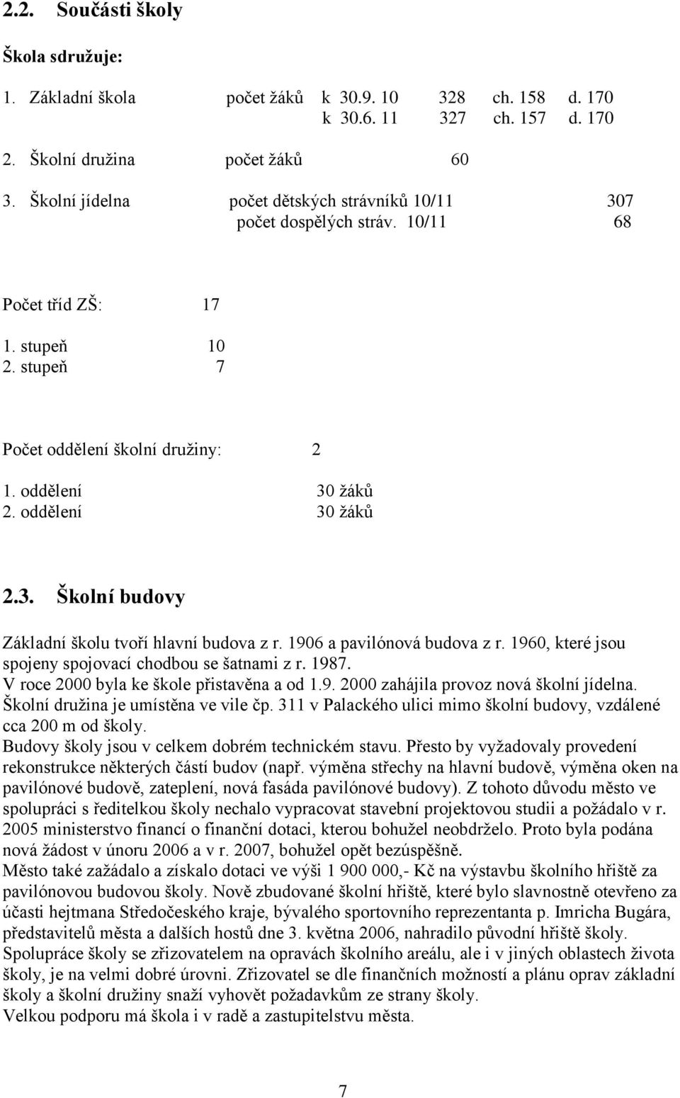 1906 a pavilónová budova z r. 1960, které jsou spojeny spojovací chodbou se šatnami z r. 1987. V roce 2000 byla ke škole přistavěna a od 1.9. 2000 zahájila provoz nová školní jídelna.