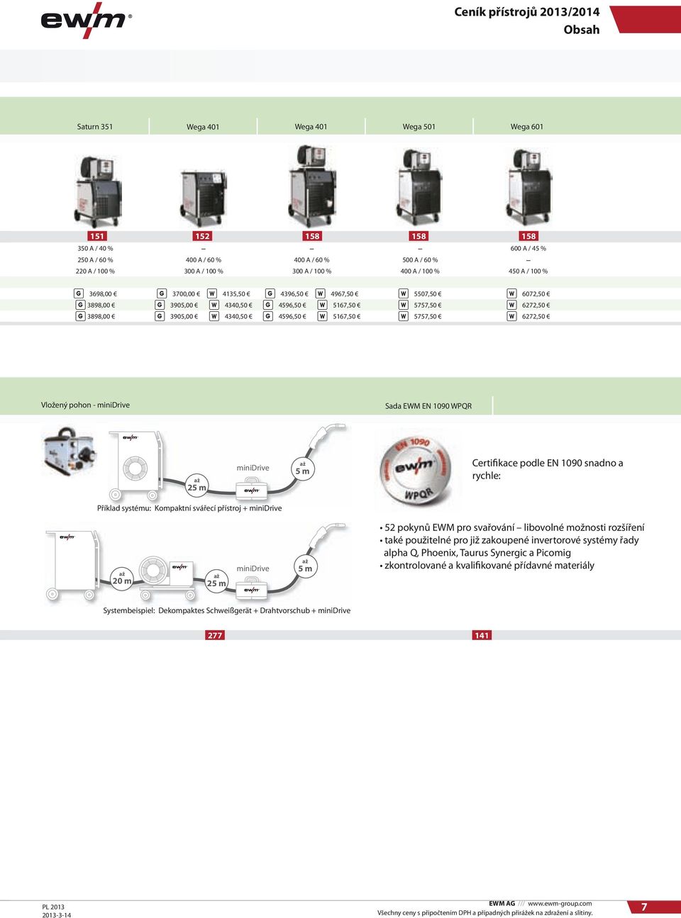 5757,50 6272,50 Vložený pohon - minidrive Sada EWM EN 1090 WPQR až 25 m minidrive až 5 m Certifikace podle EN 1090 snadno a rychle: Příklad systému: Kompaktní svářecí přístroj + minidrive až 20 m až