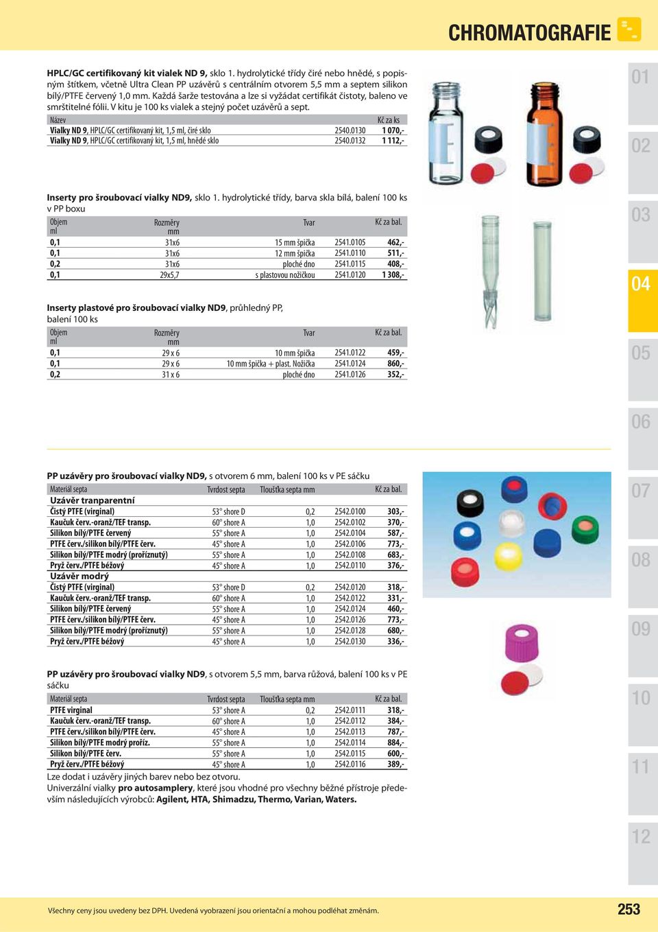 Kč za ks Vialky ND 9, HPLC/GC certifikovaný kit, 1,5, čiré sklo 2540.30 1 0,- Vialky ND 9, HPLC/GC certifikovaný kit, 1,5, hnědé sklo 2540.32 1 2,- Inserty pro šroubovací vialky ND9, sklo 1.