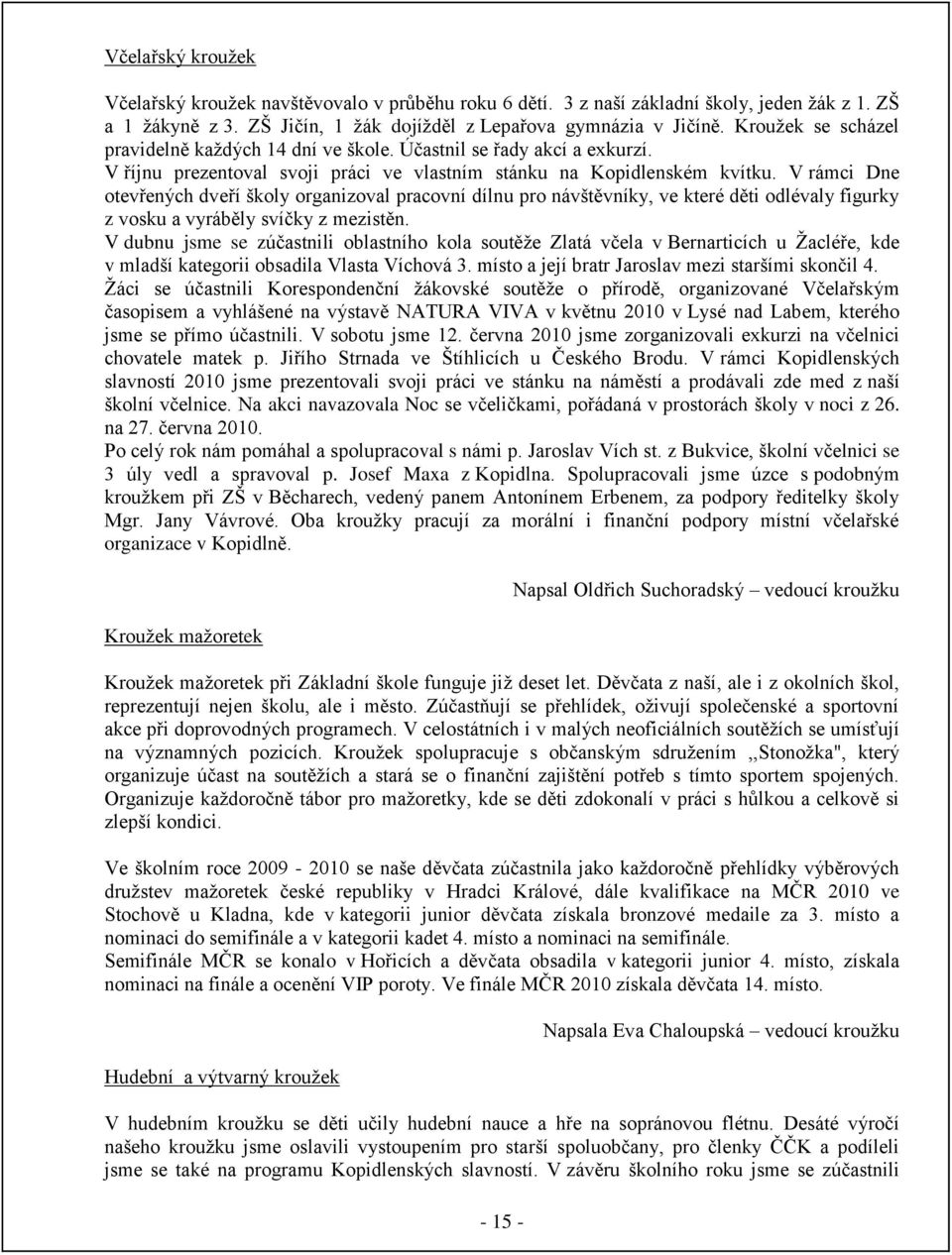 V rámci Dne otevřených dveří školy organizoval pracovní dílnu pro návštěvníky, ve které děti odlévaly figurky z vosku a vyráběly svíčky z mezistěn.