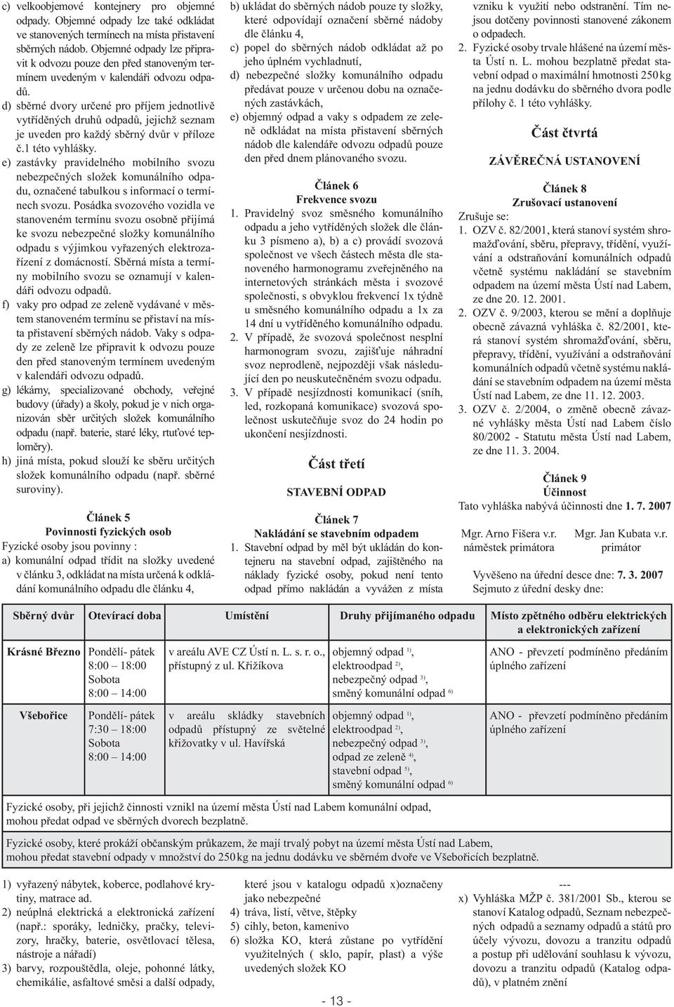 d) sběrné dvory určené pro příjem jednotlivě vytříděných druhů odpadů, jejichž seznam je uveden pro každý sběrný dvůr v příloze č.1 této vyhlášky.