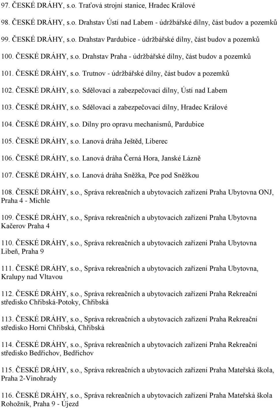 ČESKÉ DRÁHY, s.o. Sdělovací a zabezpečovací dílny, Hradec Králové 104. ČESKÉ DRÁHY, s.o. Dílny pro opravu mechanismů, Pardubice 105. ČESKÉ DRÁHY, s.o. Lanová dráha Ještěd, Liberec 106. ČESKÉ DRÁHY, s.o. Lanová dráha Černá Hora, Janské Lázně 107.