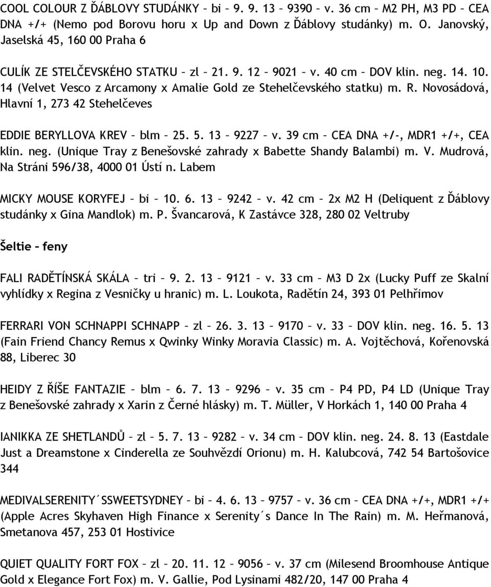 Novosádová, Hlavní 1, 273 42 Stehelčeves EDDIE BERYLLOVA KREV blm 25. 5. 13 9227 v. 39 cm CEA DNA +/-, MDR1 +/+, CEA klin. neg. (Unique Tray z Benešovské zahrady x Babette Shandy Balambi) m. V.