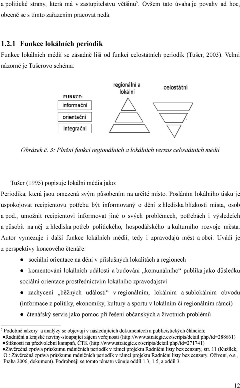 3: Plnění funkcí regionálních a lokálních versus celostátních médií Tušer (1995) popisuje lokální média jako: Periodika, která jsou omezená svým působením na určité místo.