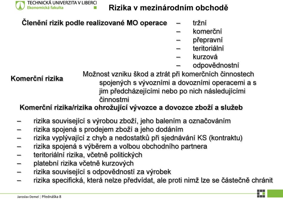 výrobou zboží, jeho balením a označováním rizika spojená s prodejem zboží a jeho dodáním rizika vyplývající z chyb a nedostatků při sjednávání KS (kontraktu) rizika spojená s výběrem a volbou