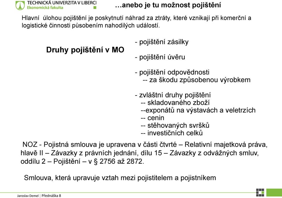 --exponátů na výstavách a veletrzích -- cenin -- stěhovaných svršků -- investičních celků NOZ - Pojistná smlouva je upravena v části čtvrté Relativní majetková práva,