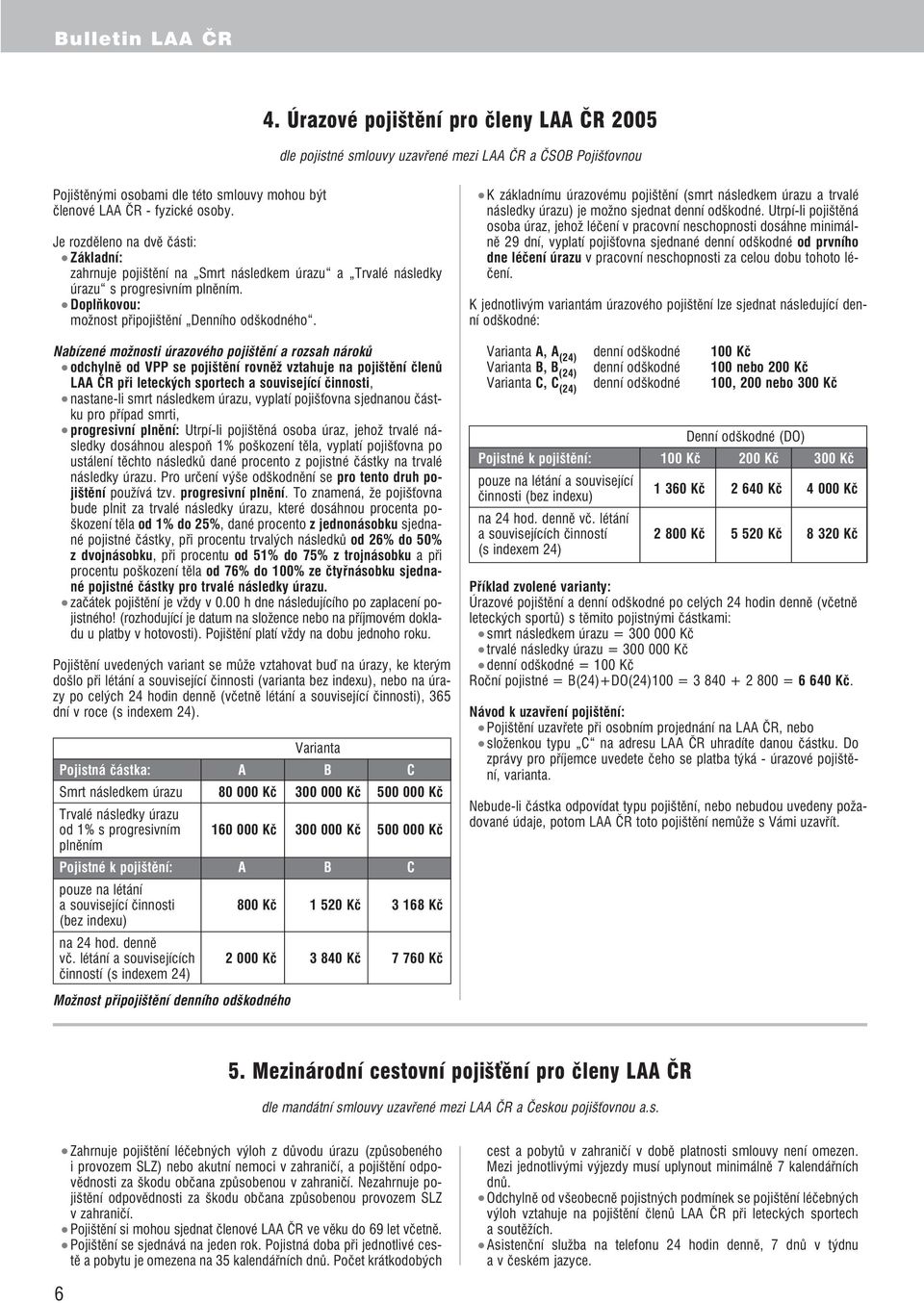 Nabízené možnosti úrazového pojištění a rozsah nároků odchylně od VPP se pojištění rovněž vztahuje na pojištění členů LAA ČR při leteckých sportech a související činnosti, nastane li smrt následkem