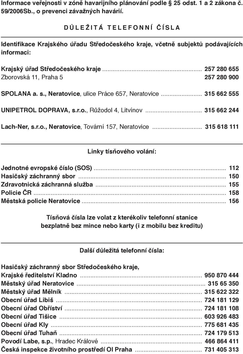 .. 257 280 655 Zborovská 11, Praha 5 257 280 900 SPOLANA a. s., Neratovice, ulice Práce 657, Neratovice... 315 662 555 UNIPETROL DOPRAVA, s.r.o., Růžodol 4, Litvínov... 315 662 244 Lach-Ner, s.r.o., Neratovice, Tovární 157, Neratovice.