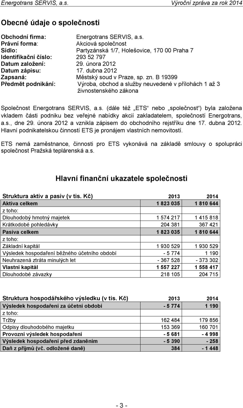 B 19399 Předmět podnikání: Výroba, obchod a služby neuvedené v přílohách 1 až 3 živnostenského zákona Společnost Energotrans SERVIS, a.s. (dále též ETS nebo společnost ) byla založena vkladem části podniku bez veřejné nabídky akcií zakladatelem, společností Energotrans, a.