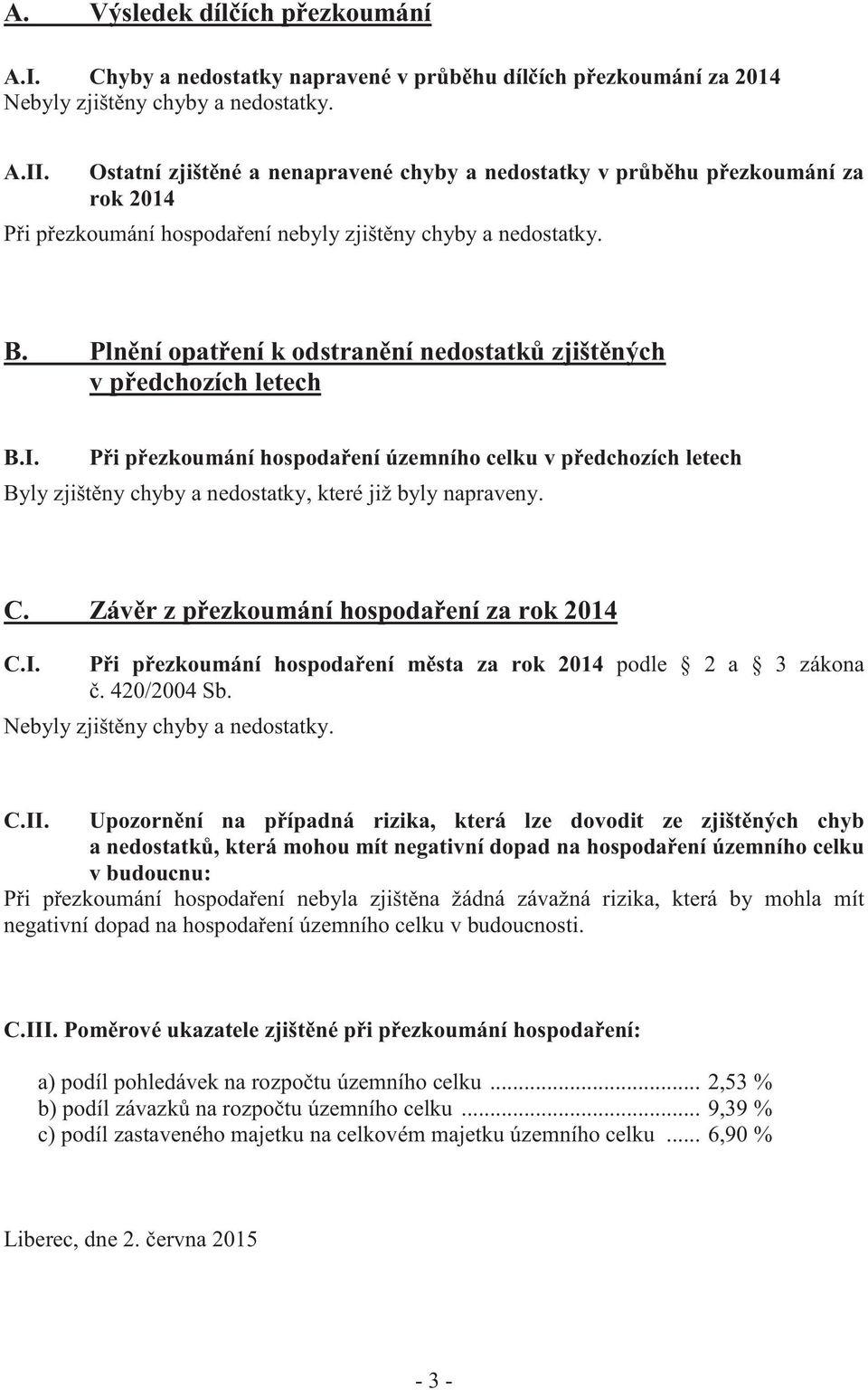 Plnění opatření k odstranění nedostatků zjištěných v předchozích letech B.I. Při přezkoumání hospodaření územního celku v předchozích letech Byly zjištěny chyby a nedostatky, které již byly napraveny.