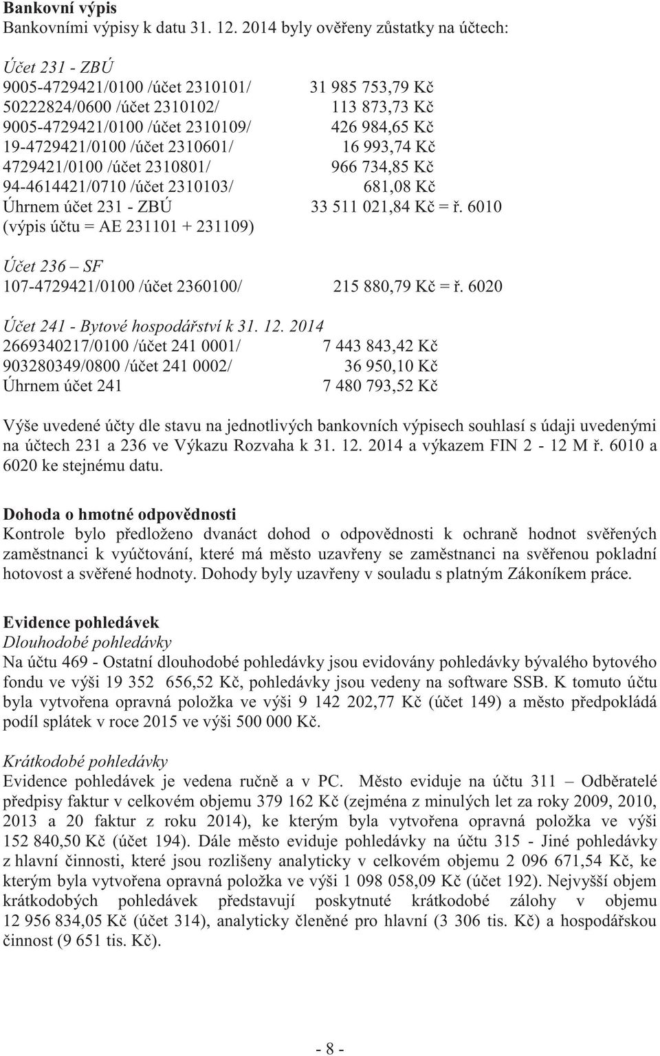 19-4729421/0100 /účet 2310601/ 16 993,74 Kč 4729421/0100 /účet 2310801/ 966 734,85 Kč 94-4614421/0710 /účet 2310103/ 681,08 Kč Úhrnem účet 231 - ZBÚ 33 511 021,84 Kč = ř.