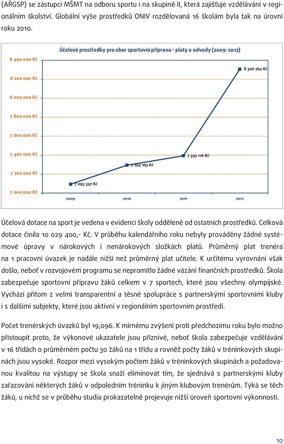 V průběhu kalendářního roku nebyly prováděny žádné systémové úpravy v nárokových i nenárokových složkách platů. Průměrný plat trenéra na 1 pracovní úvazek je nadále nižší než průměrný plat učitele.