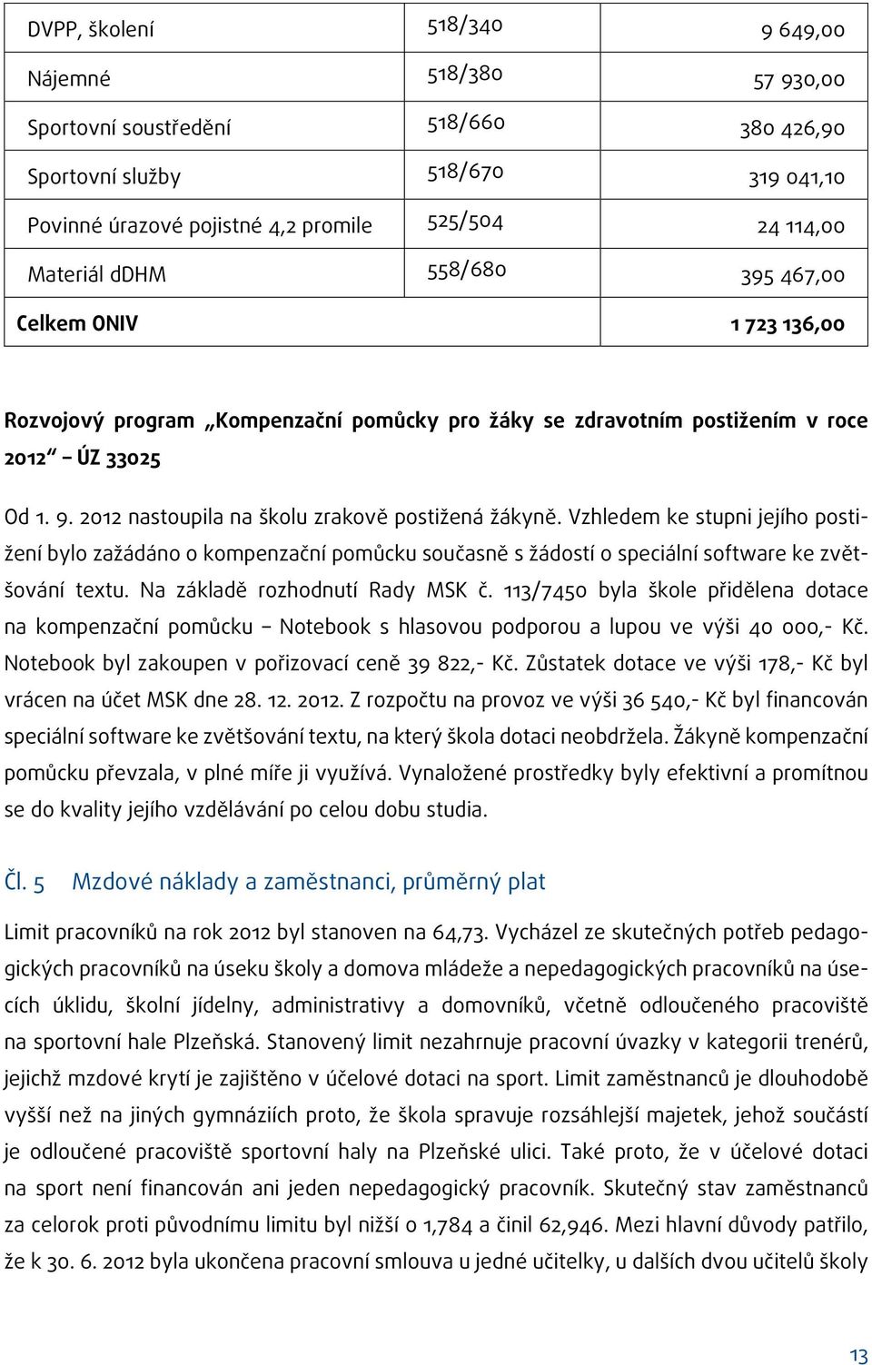 2012 nastoupila na školu zrakově postižená žákyně. Vzhledem ke stupni jejího postižení bylo zažádáno o kompenzační pomůcku současně s žádostí o speciální software ke zvětšování textu.