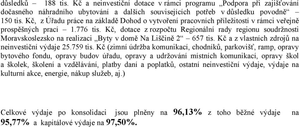 Kč, dotace z rozpočtu Regionální rady regionu soudržnosti Moravskoslezsko na realizaci Byty v domě Na Liščině 2 657 tis. Kč a z vlastních zdrojů na neinvestiční výdaje 25.759 tis.