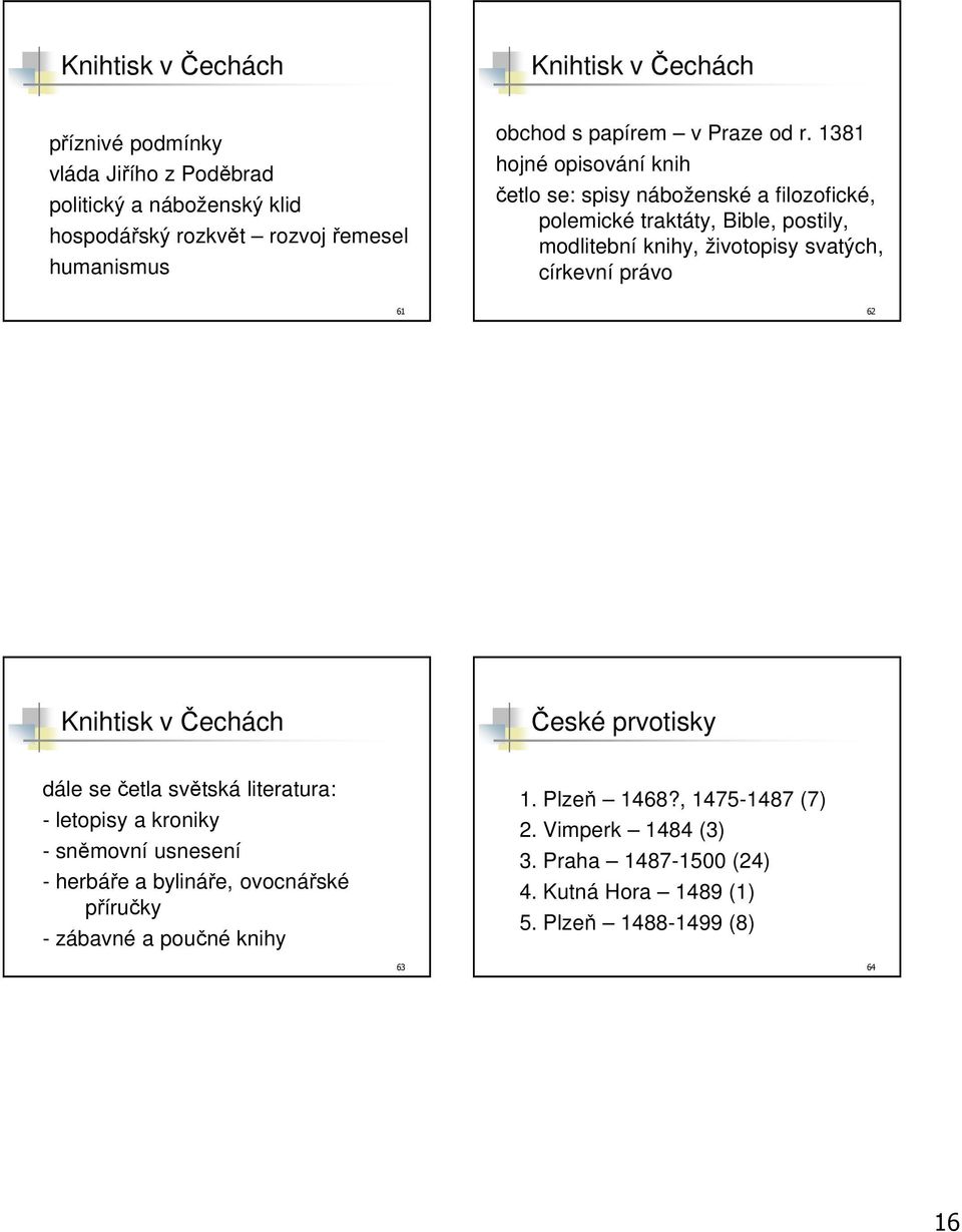 1381 hojné opisování knih četlo se: spisy náboženské a filozofické, polemické traktáty, Bible, postily, modlitební knihy, životopisy svatých, církevní právo 61 62