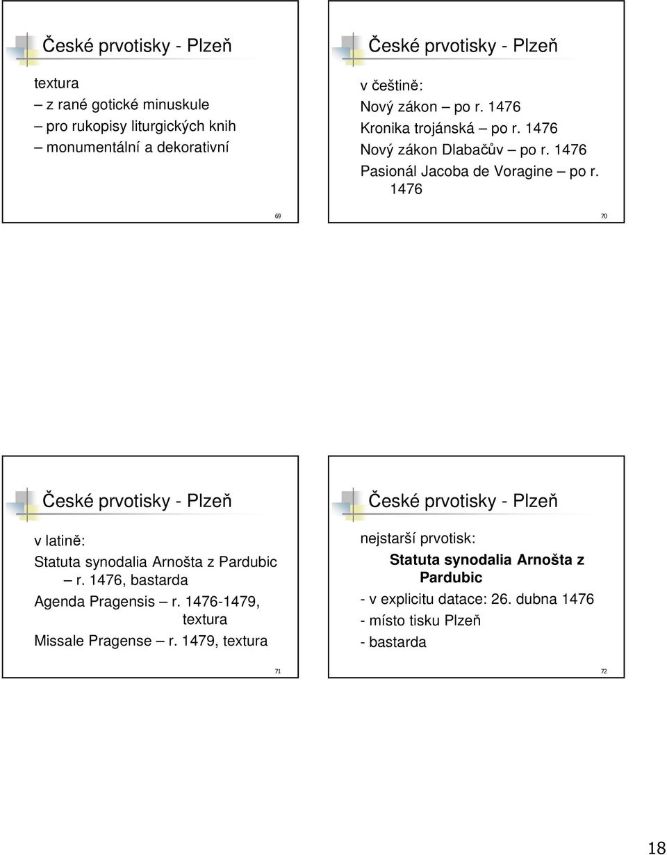 1476 69 70 České prvotisky - Plzeň v latině: Statuta synodalia Arnošta z Pardubic r. 1476, bastarda Agenda Pragensis r.