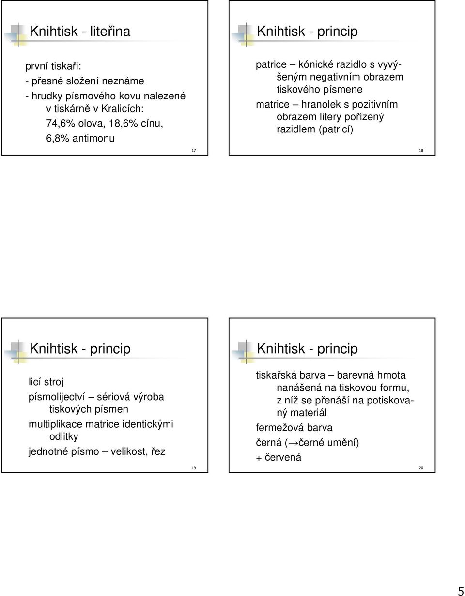 17 18 Knihtisk - princip Knihtisk - princip licí stroj písmolijectví sériová výroba tiskových písmen multiplikace matrice identickými odlitky jednotné písmo