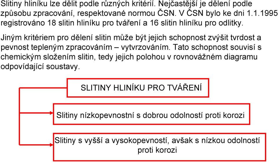 Jiným kritériem pro dělení slitin může být jejich schopnost zvýšit tvrdost a pevnost tepleným zpracováním vytvrzováním.