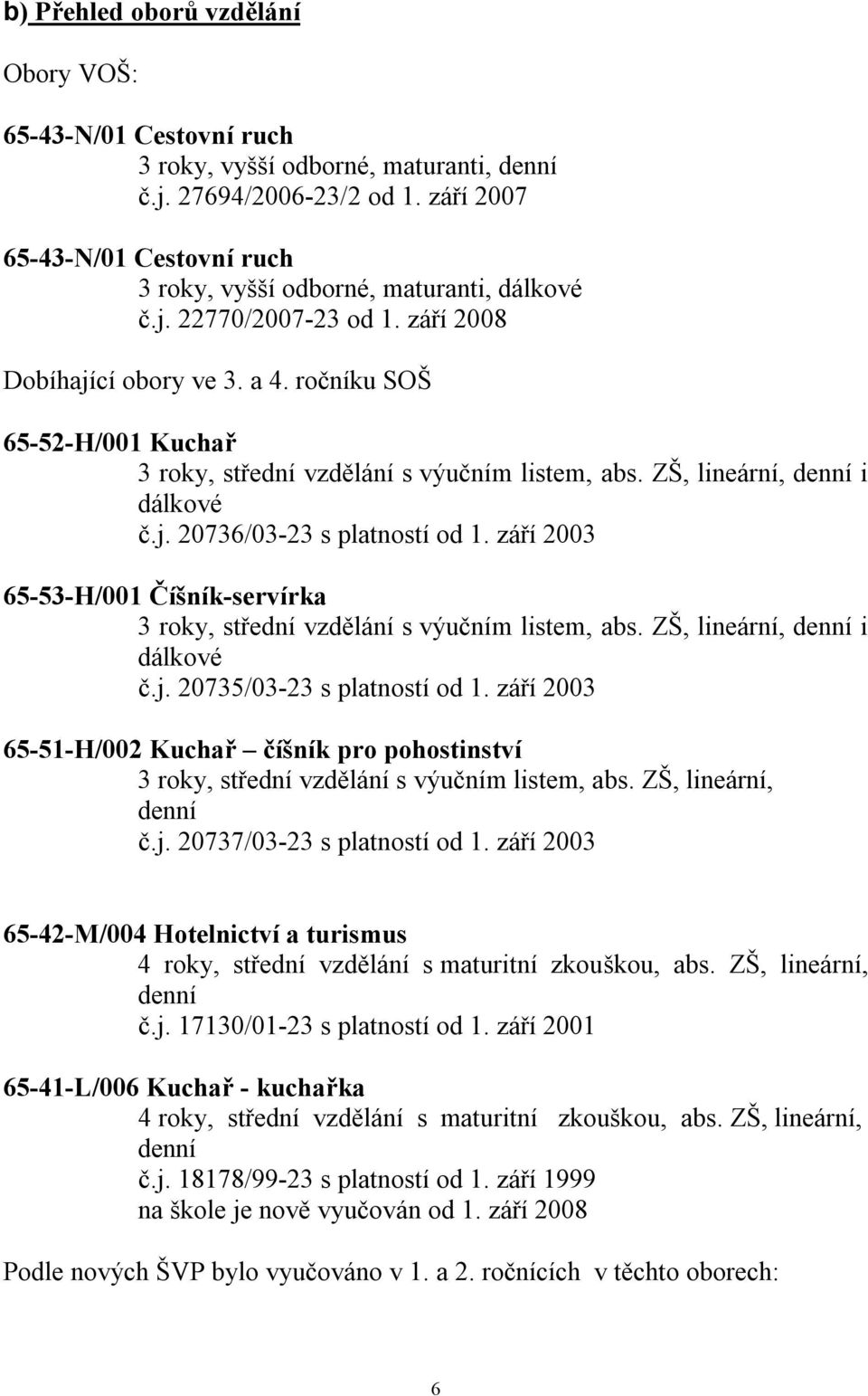 ročníku SOŠ 65-52-H/001 Kuchař 3 roky, střední vzdělání s výučním listem, abs. ZŠ, lineární, denní i dálkové č.j. 20736/03-23 s platností od 1.