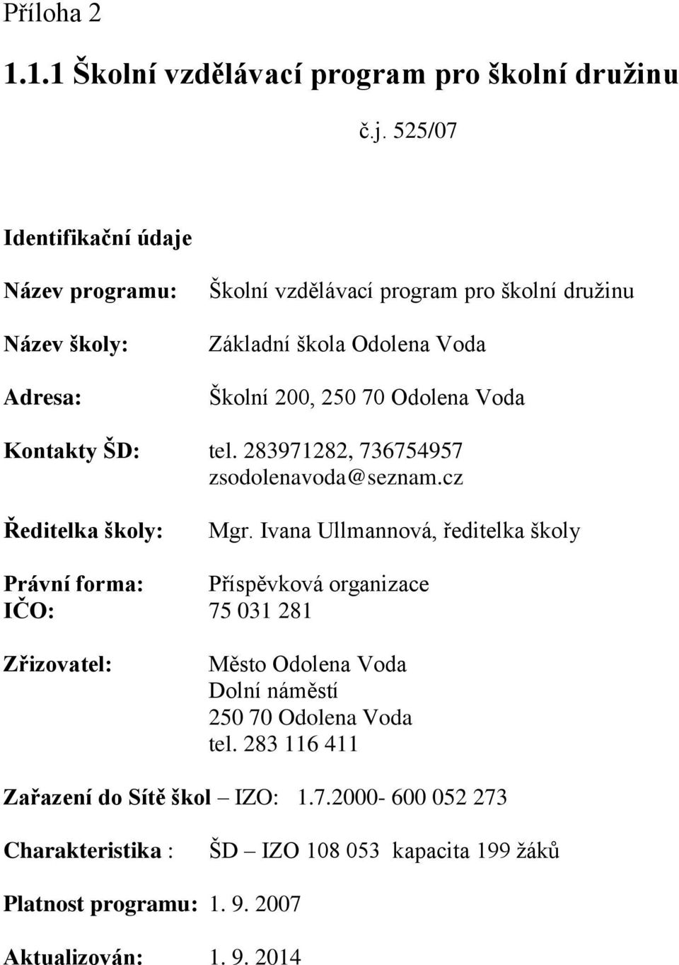Odolena Voda Kontakty ŠD: tel. 283971282, 736754957 zsodolenavoda@seznam.cz Ředitelka školy: Mgr.