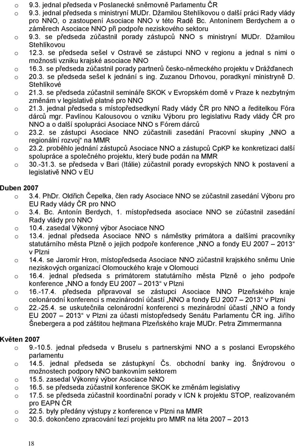 3. se předseda zúčastnil prady partnerů česk-německéh prjektu v Drážďanech 20.3. se předseda sešel k jednání s ing. Zuzanu Drhvu, pradkyní ministryně D. Stehlíkvé 21.3. se předseda zúčastnil semináře SKOK v Evrpském dmě v Praze k nezbytným změnám v legislativě platné pr NNO 21.