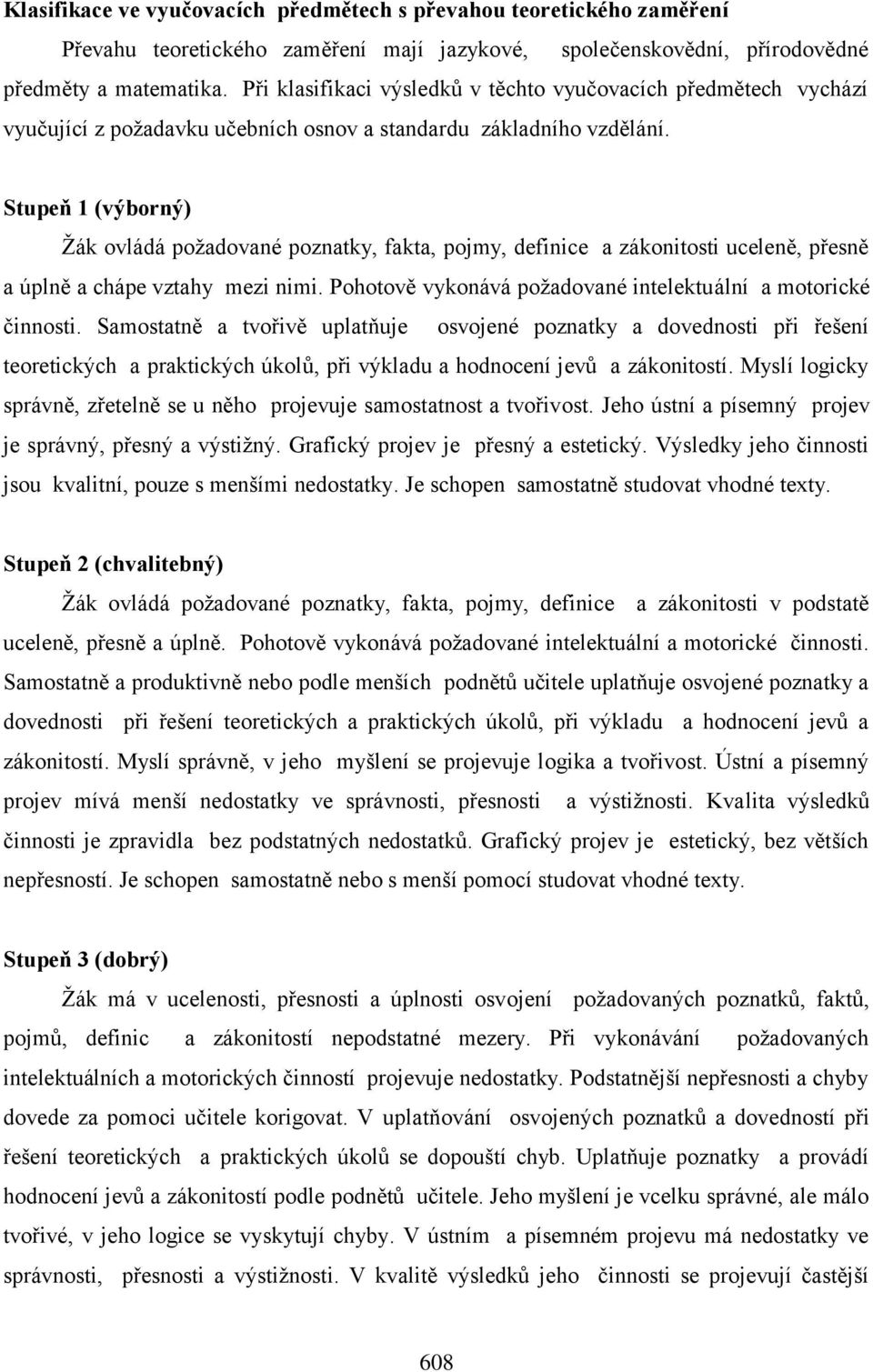 Stupeň 1 (výborný) Žák ovládá požadované poznatky, fakta, pojmy, definice a zákonitosti uceleně, přesně a úplně a chápe vztahy mezi nimi.