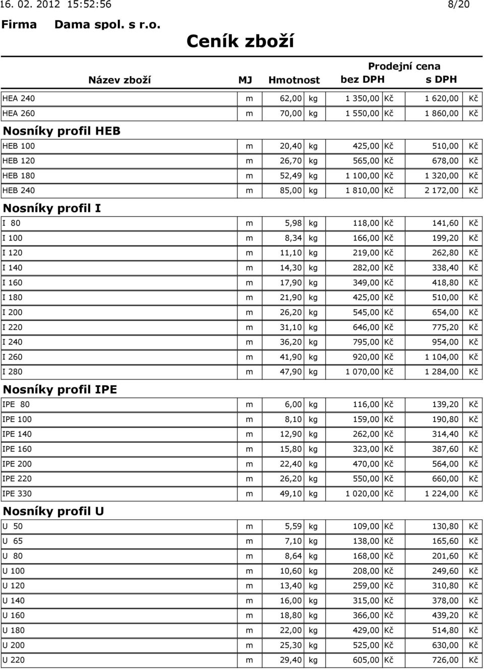 Kč HEB 180 m 52,49 kg 1 100,00 Kč 1 320,00 Kč HEB 240 m 85,00 kg 1 810,00 Kč 2 172,00 Kč Nosníky profil I I 80 m 5,98 kg 118,00 Kč 141,60 Kč I 100 m 8,34 kg 166,00 Kč 199,20 Kč I 120 m 11,10 kg