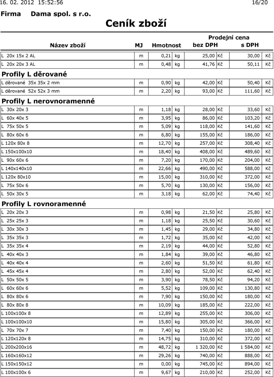 mm m 2,20 kg 93,00 Kč 111,60 Kč Profily L nerovnoramenné L 30x 20x 3 m 1,18 kg 28,00 Kč 33,60 Kč L 60x 40x 5 m 3,95 kg 86,00 Kč 103,20 Kč L 75x 50x 5 m 5,09 kg 118,00 Kč 141,60 Kč L 80x 60x 6 m 6,80