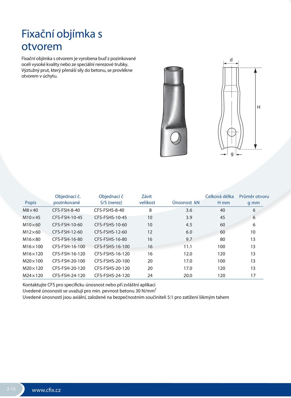 Objednací č Závit Celková délka Průměr otvoru Popis pozinkované S/S (nerez) velikost Únosnost kn H mm g mm M8 40 CFS-FSH-8-40 CFS-FSHS-8-40 81 13.6 140 16 M10 45 CFS-FSH-10-45 CFS-FSHS-10-45 10 13.