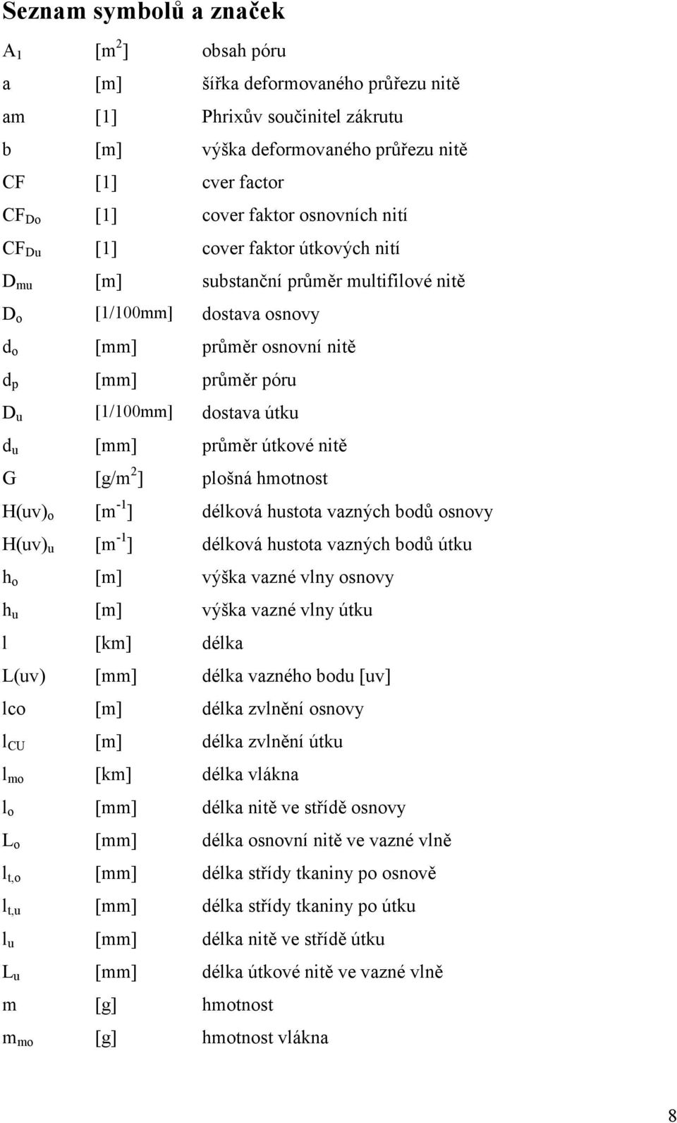 útku d u [mm] průměr útkové nitě G [g/m 2 ] plošná hmotnost H(uv) o [m -1 ] délková hustota vazných bodů osnovy H(uv) u [m -1 ] délková hustota vazných bodů útku h o [m] výška vazné vlny osnovy h u