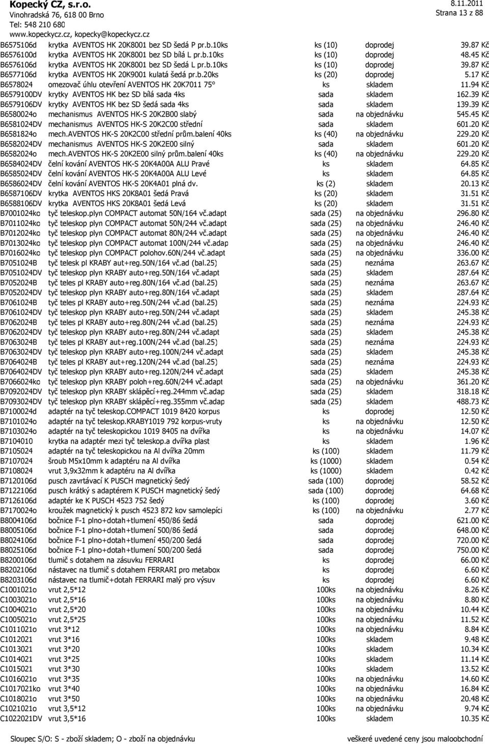 17 Kč B6578024 omezovač úhlu otevření AVENTOS HK 20K7011 75 ks skladem 11.94 Kč B6579100DV krytky AVENTOS HK bez SD bílá sada 4ks sada skladem 162.