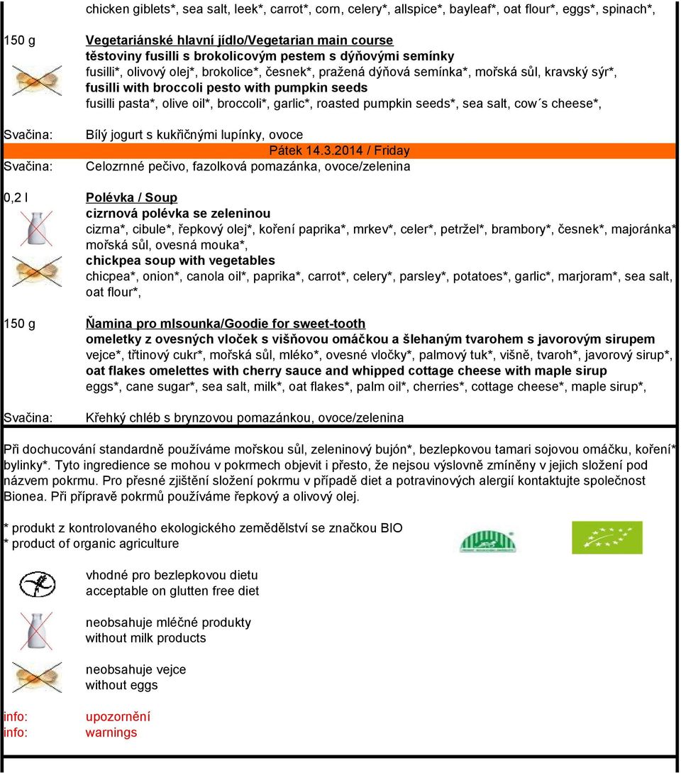 broccoli*, garlic*, roasted pumpkin seeds*, sea salt, cow s cheese*, Bílý jogurt s kukřičnými lupínky, ovoce Pátek 14.3.