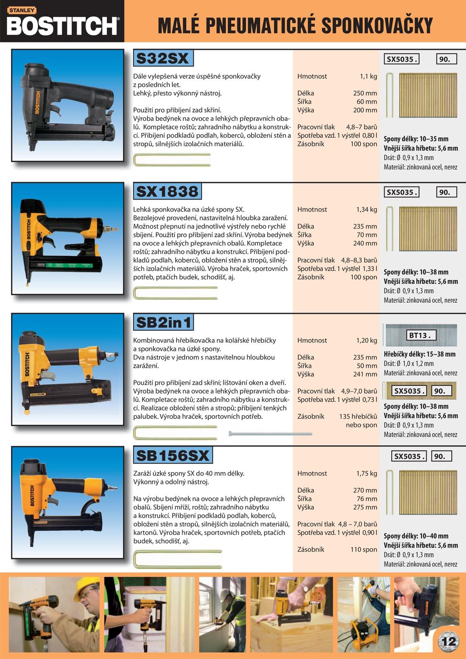 1,1 kg 250 mm 60 mm 200 mm Pracovní tlak 4,8 7 barů Spotřeba vzd. 1 výstřel 0,80 l 100 spon SX5035. 90.