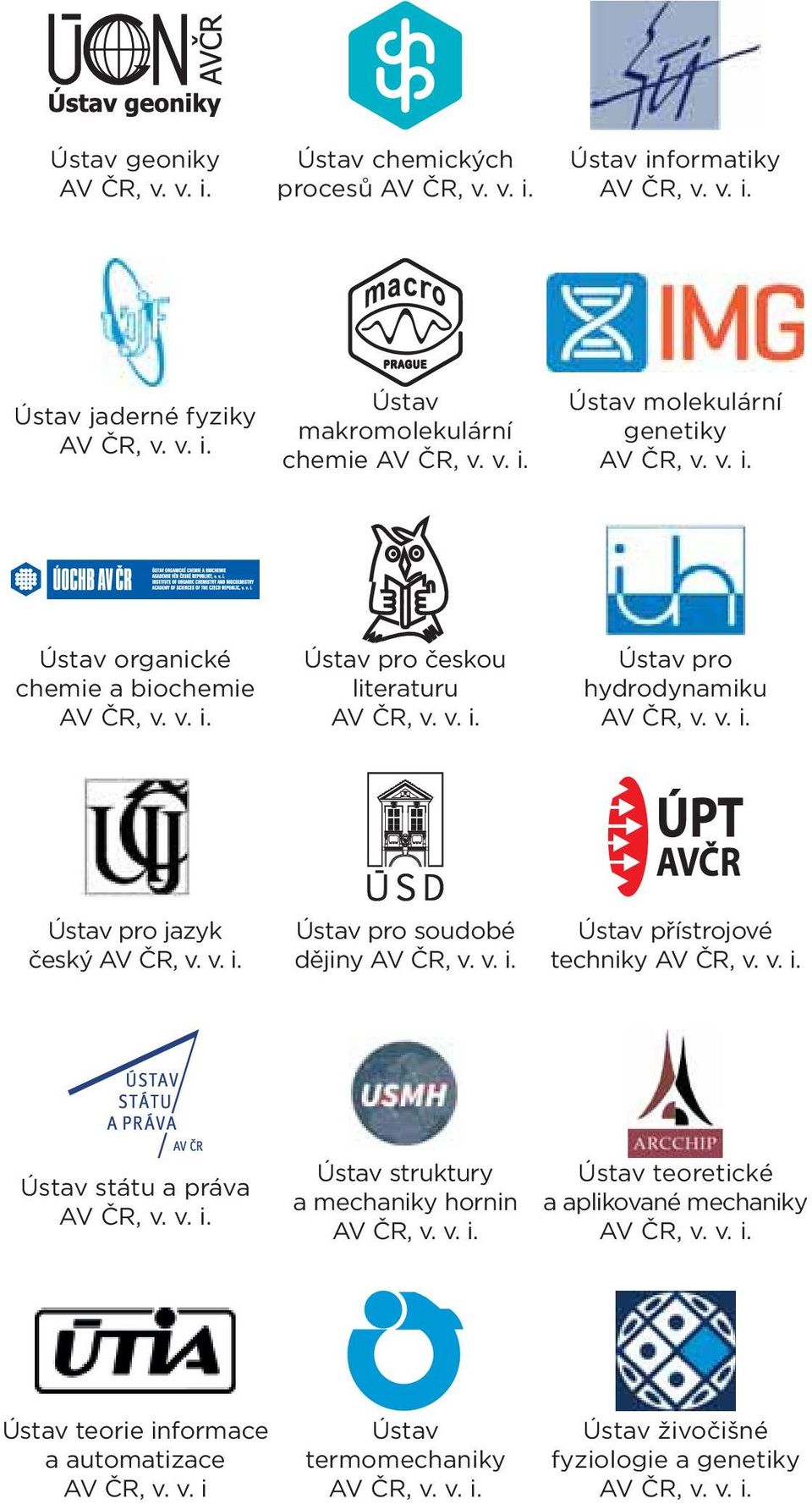 v. i. Ústav přístrojové techniky AV ČR, v. v. i. Ústav státu a práva AV ČR, v. v. i. Ústav struktury a mechaniky hornin AV ČR, v. v. i. Ústav teoretické a aplikované mechaniky AV ČR, v. v. i. Ústav teorie informace a automatizace AV ČR, v.