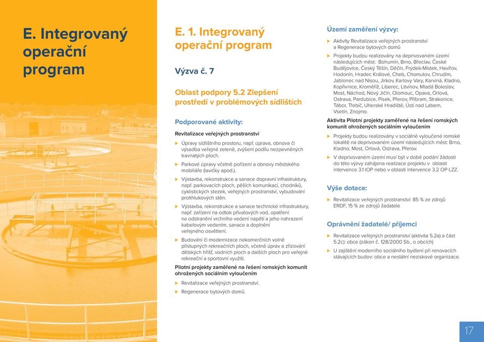 úprava, obnova či výsadba veřejné zeleně, zvýšení podílu nezpevněných travnatých ploch. Parkové úpravy včetně pořízení a obnovy městského mobiliáře (lavičky apod.).