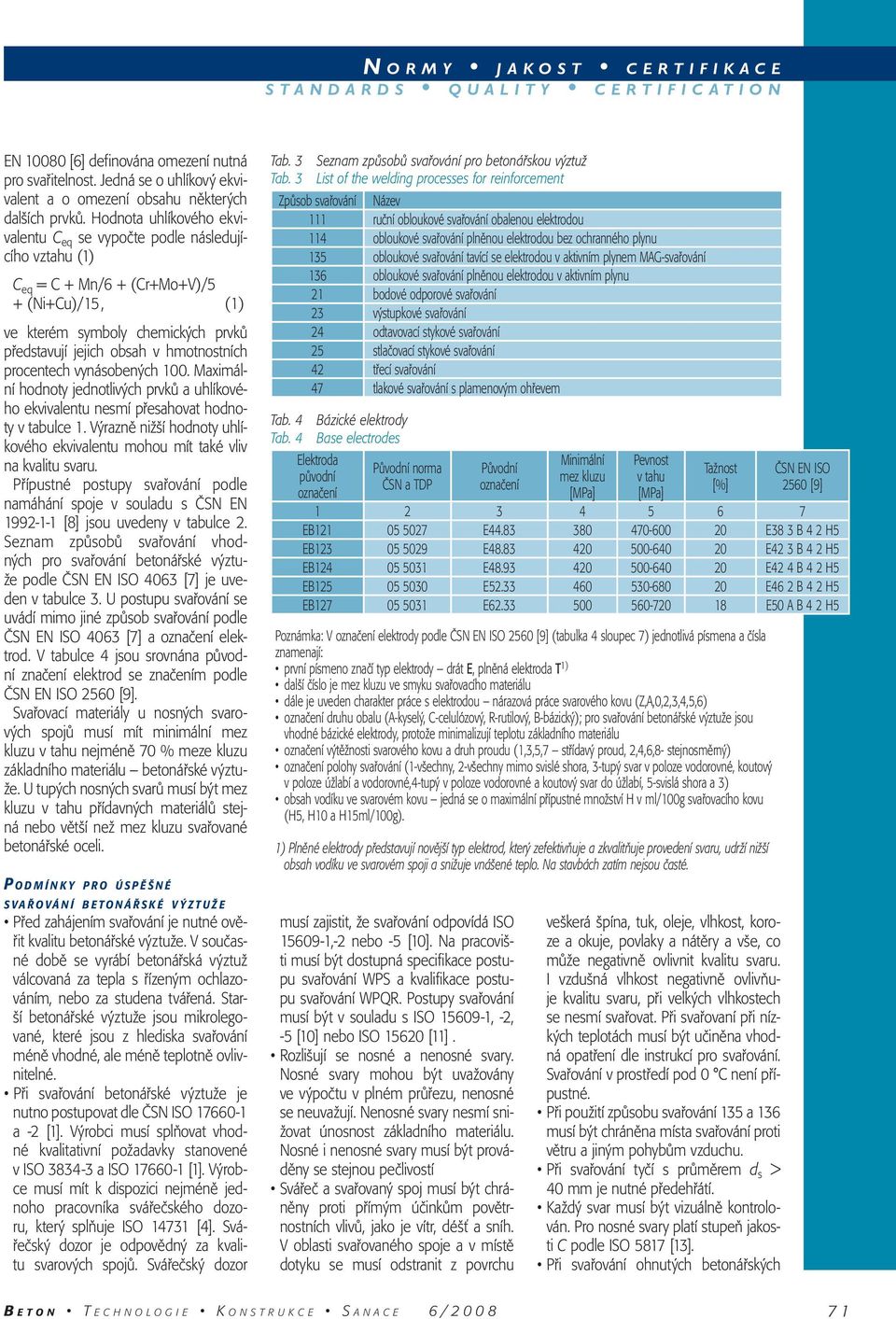 hmotnostních procentech vynásobených 100. Maximální hodnoty jednotlivých prvků a uhlíkového ekvivalentu nesmí přesahovat hodnoty v tabulce 1.