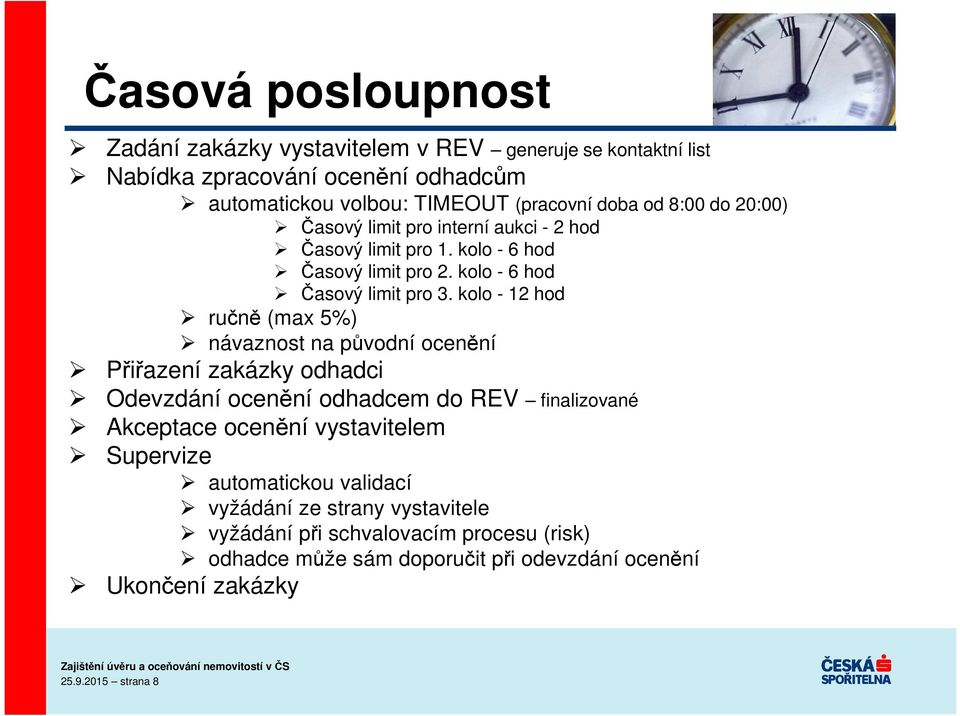 kolo - 12 hod ručně (max 5%) návaznost na původní ocenění Přiřazení zakázky odhadci Odevzdání ocenění odhadcem do REV finalizované Akceptace ocenění vystavitelem