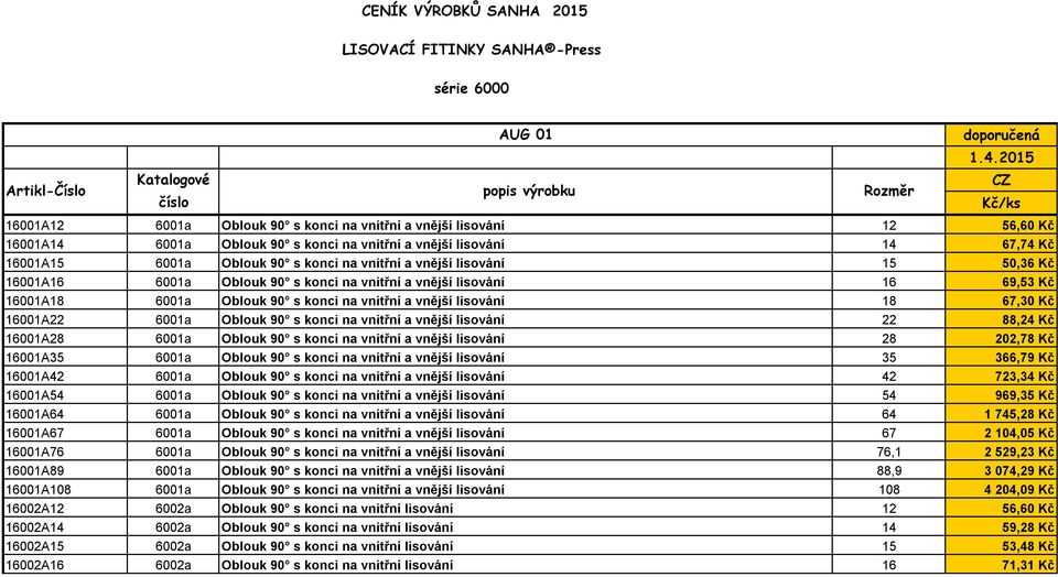 lisování 14 67,74 Kč 16001A15 6001a Oblouk 90 s konci na vnitřní a vnější lisování 15 50,36 Kč 16001A16 6001a Oblouk 90 s konci na vnitřní a vnější lisování 16 69,53 Kč 16001A18 6001a Oblouk 90 s