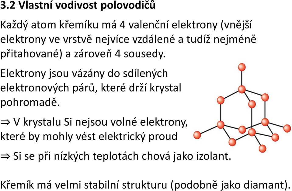 Elektrony jsou vázány do sdílených elektronových párů, které drží krystal pohromadě.