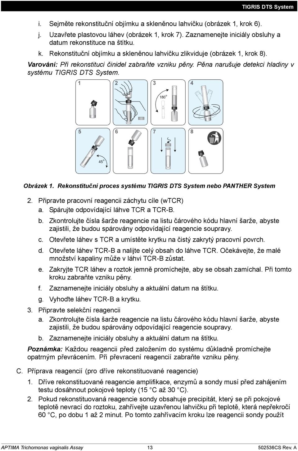 Pěna narušuje detekci hladiny v systému TIGRIS DTS System. Obrázek 1. Rekonstituční proces systému TIGRIS DTS System nebo PANTHER System 2. Připravte pracovní reagencii záchytu cíle (wtcr) a.