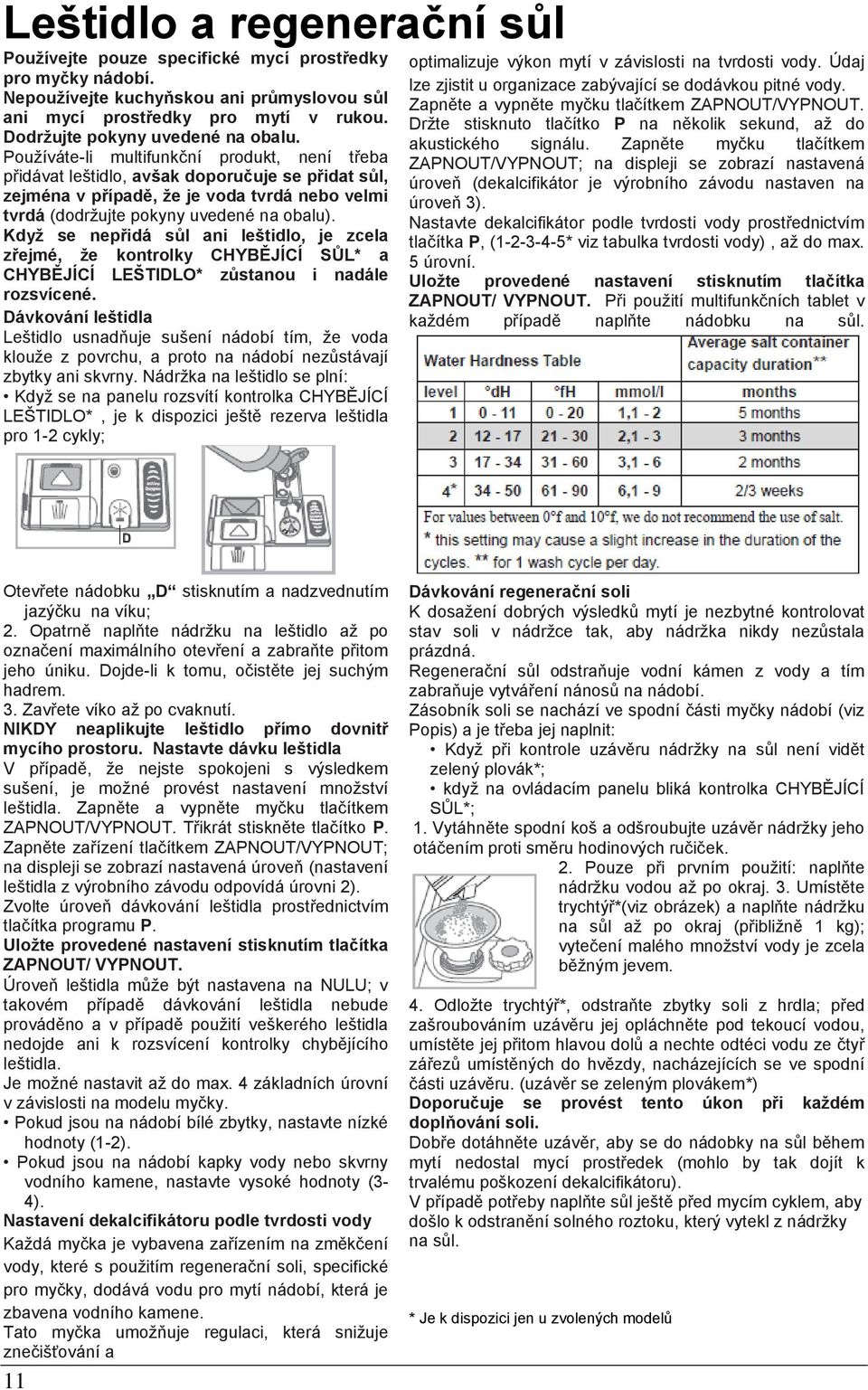 Používáte-li multifunkční produkt, není třeba přidávat leštidlo, avšak doporučuje se přidat sůl, zejména v případě, ţe je voda tvrdá nebo velmi tvrdá (dodržujte pokyny uvedené na obalu).