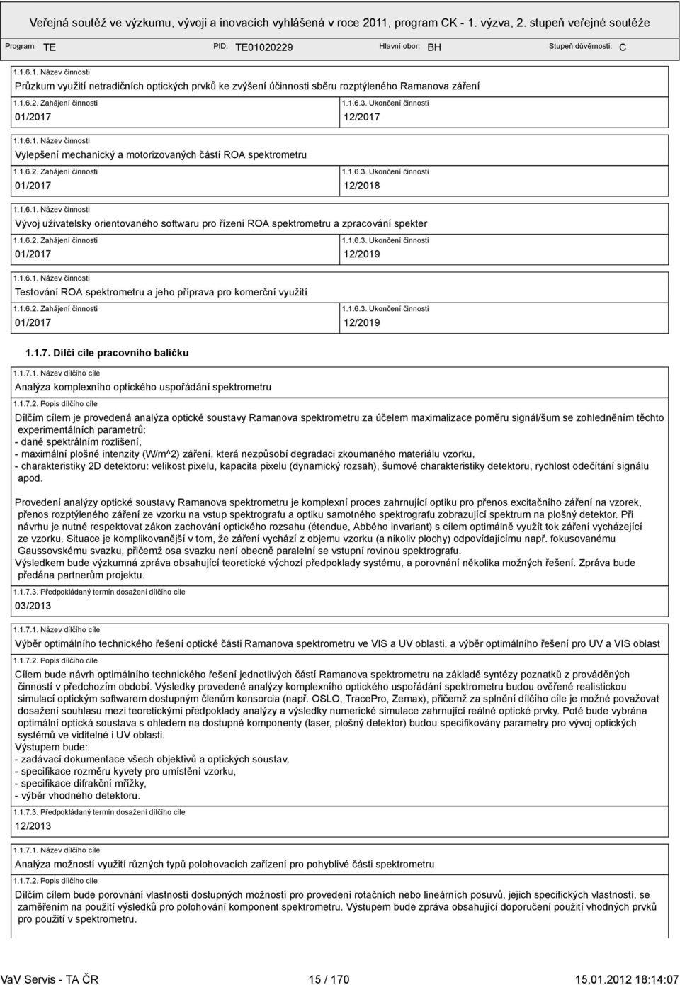 Zahájení činnosti 1163 Ukončení činnosti 01/2017 12/2018 1161 Název činnosti Vývoj uživatelsky orientovaného softwaru pro řízení ROA spektrometru a zpracování spekter 1162 Zahájení činnosti 1163