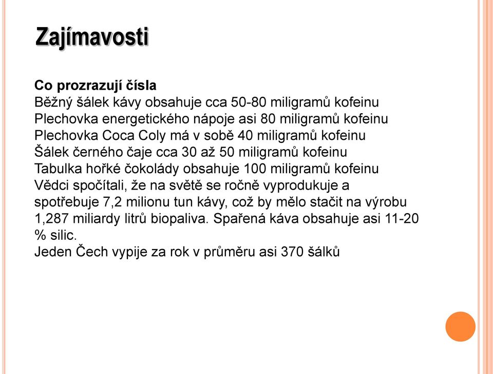 čokolády obsahuje 100 miligramů kofeinu Vědci spočítali, že na světě se ročně vyprodukuje a spotřebuje 7,2 milionu tun kávy, což by